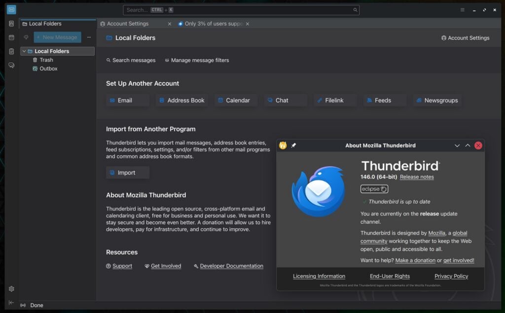 Mozilla Thunderbird 146 open-source desktop email client.