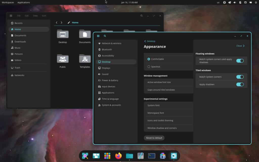 COSMIC desktop gained system-wide rounded corners and window shadows.