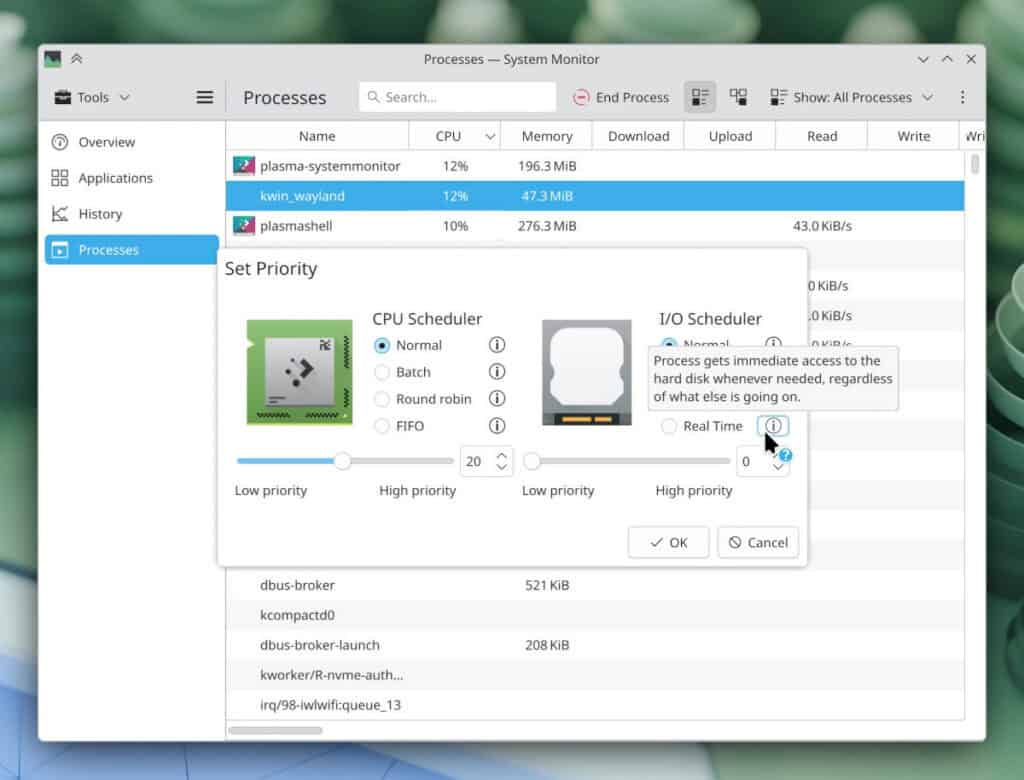 KDE Plasma 6.6 adds graphical process priority controls to System Monitor.