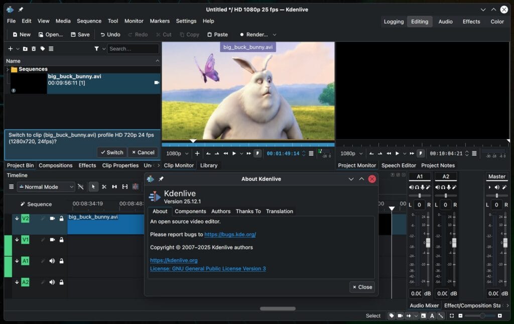 Kdenlive 25.12.1 video editor.