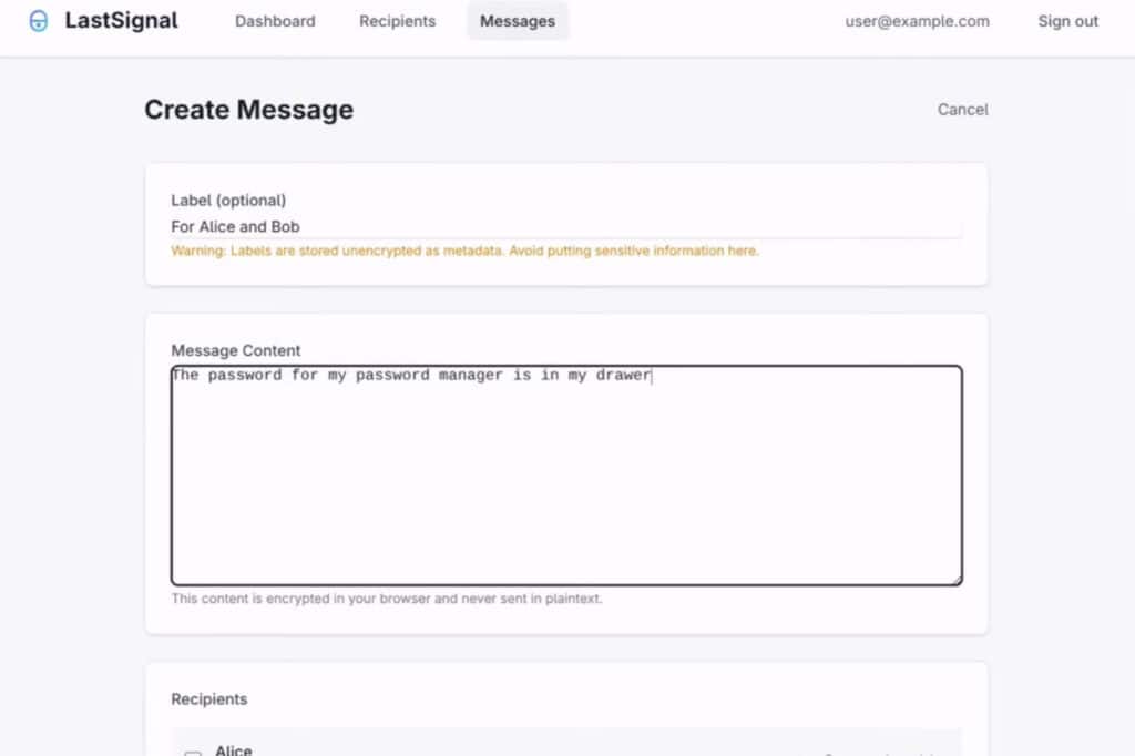 LastSignal delivers messages only if the sender stops responding to scheduled check-ins.