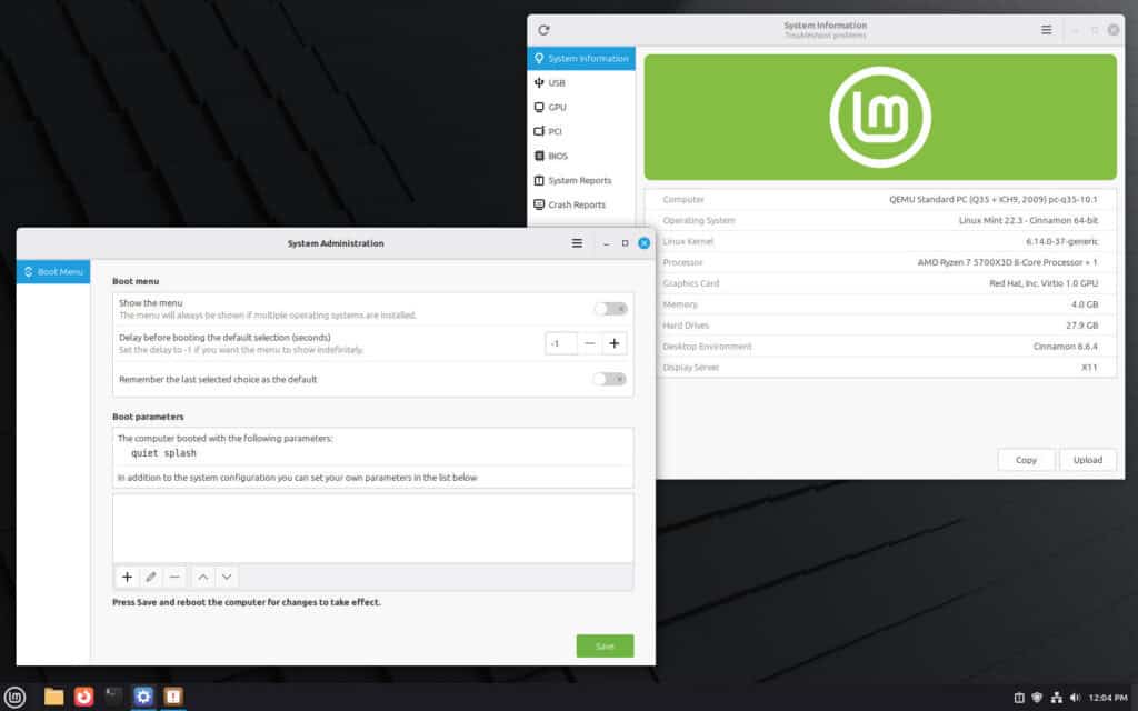 Mint 22.3 introduces two new system tools: System Information and System Administration.