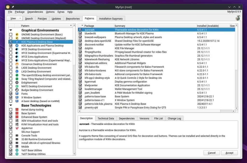 Myrlyn package manager running on openSUSE Tumbleweed.