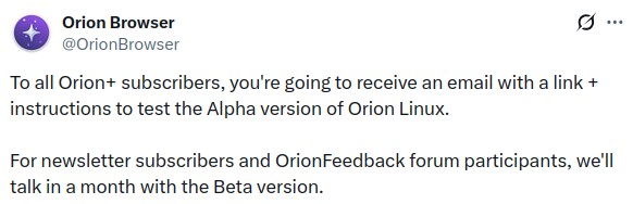 The Orion Browser team has confirmed its first Linux version.