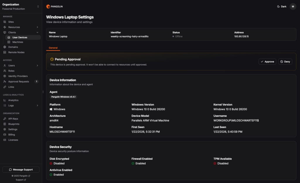 Pangolin 1.15 now offers secure access control with Device Approval.