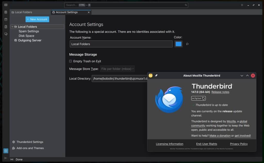 Mozilla Thunderbird 147 open-source desktop email client.