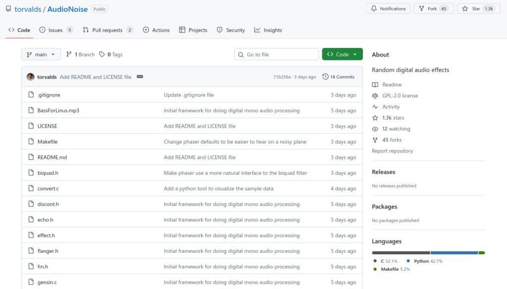 Linux Torvalds’ AudioNoise repo on GitHub.
