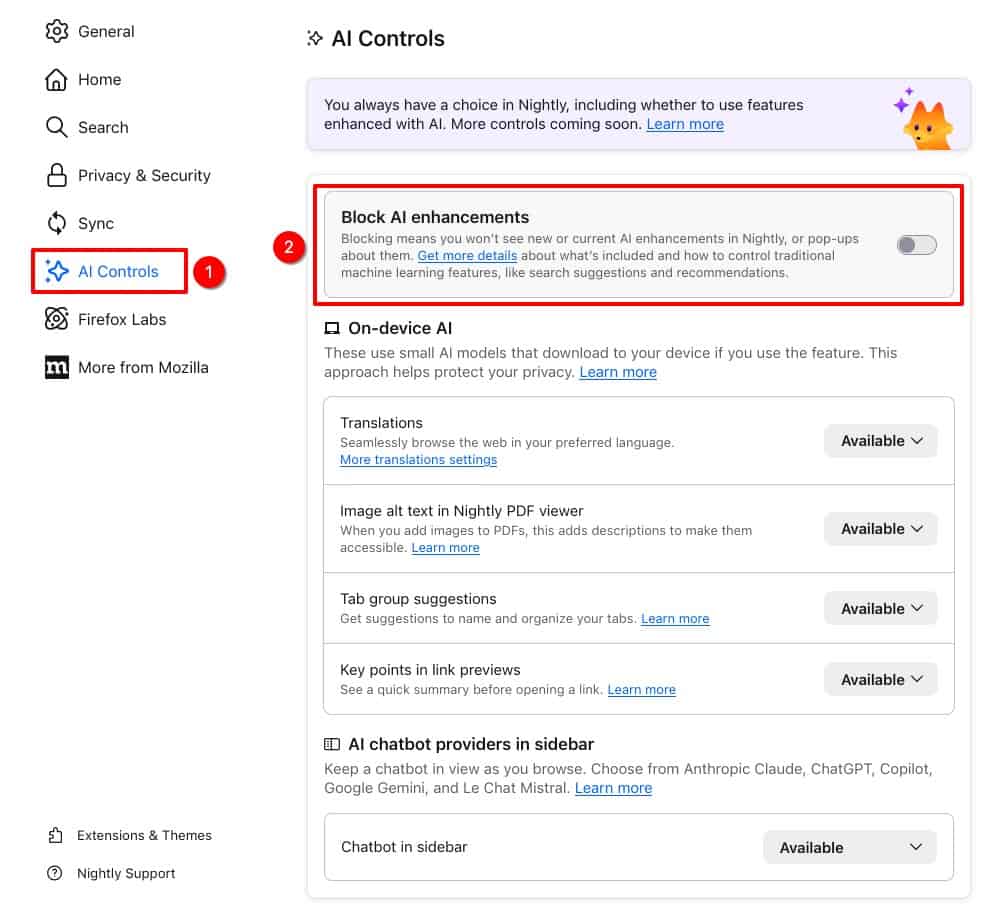 Firefox 148 adds a system-wide AI on/off switch.