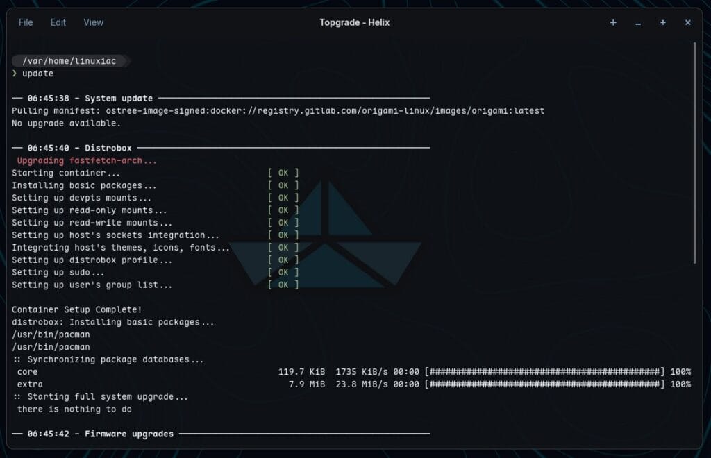 Updating the entire system in Origami Linux can be done with a single command.
