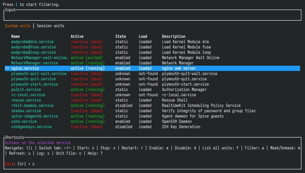 systemd-manager-tui provides service control, log viewing, and unit inspection in a single place.
