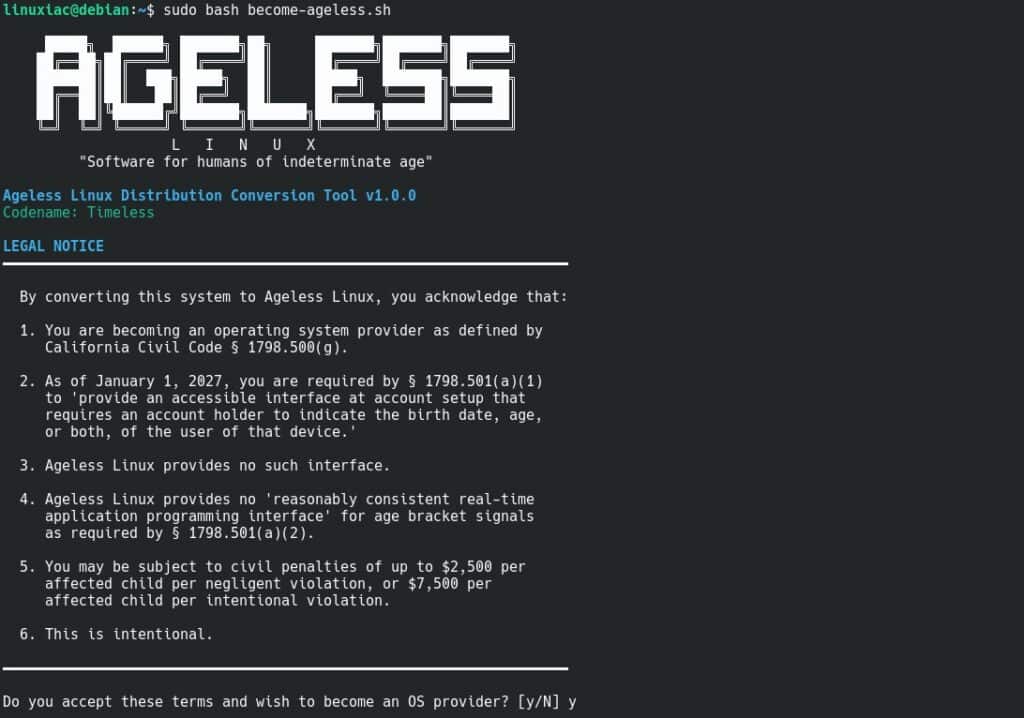 Installing the Ageless Linux script on Debian 13 (Trixie).