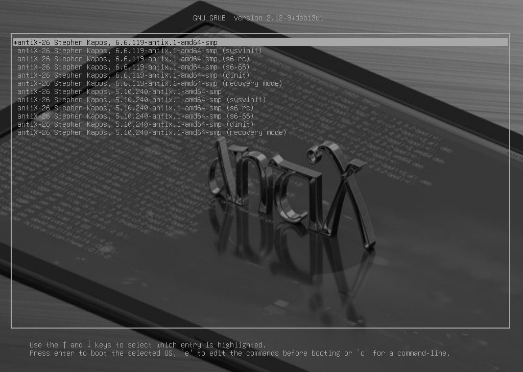 antiX 26 offers five boot options, all of which are available after installation.