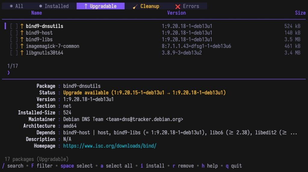 Updating packages with APTUI is quick and easy.
