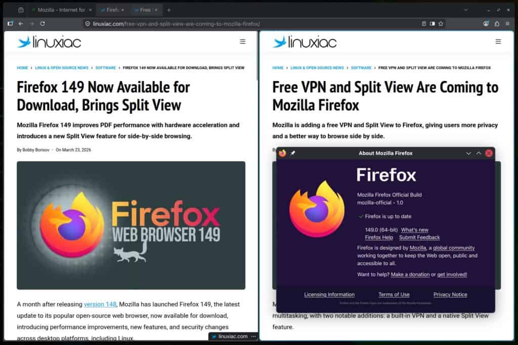 Mozilla Firefox 149 introduces a new Split View feature for side-by-side browsing.