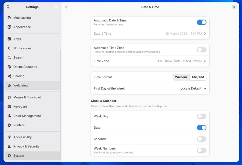Date & Time finally includes a new “first day of week” option.