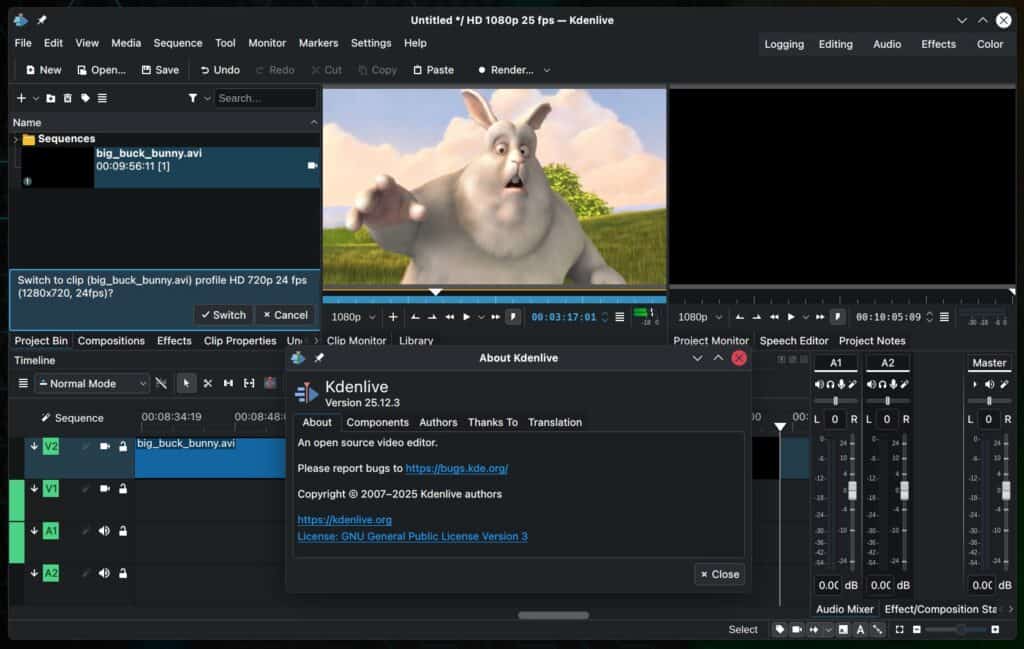 Kdenlive 25.12.3 Open-Source Video Editor.