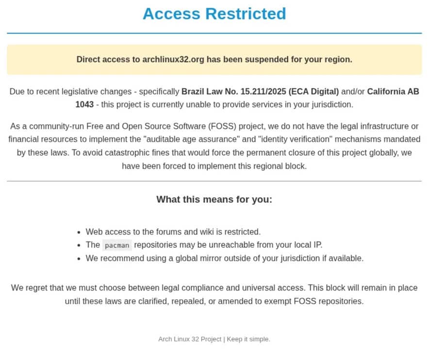 Arch Linux 32 is restricting access from Brazil.