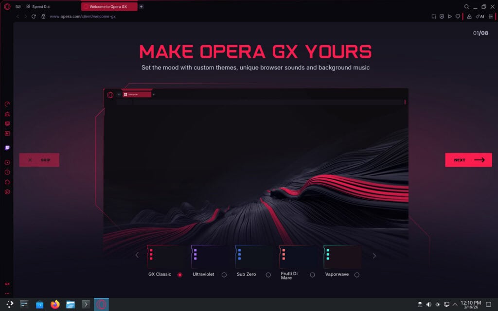 Opera GX running on Debian 13.