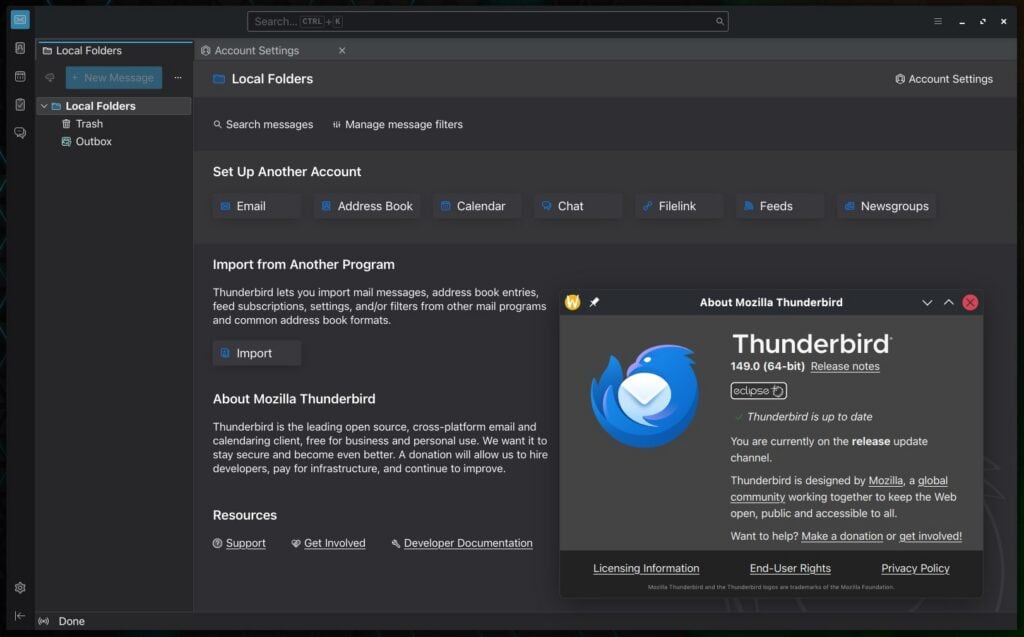 Mozilla Thunderbird 149 open-source desktop email client.