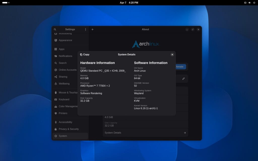 GNOME 50 on Arch Linux.