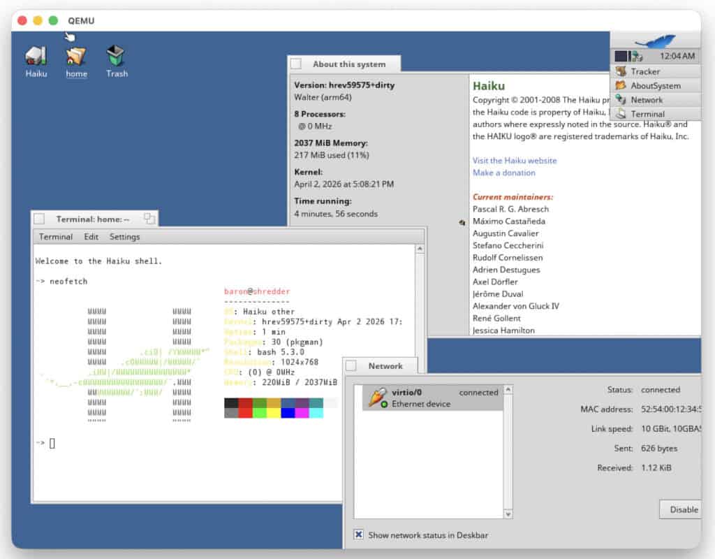 Haiku OS працює на QEMU