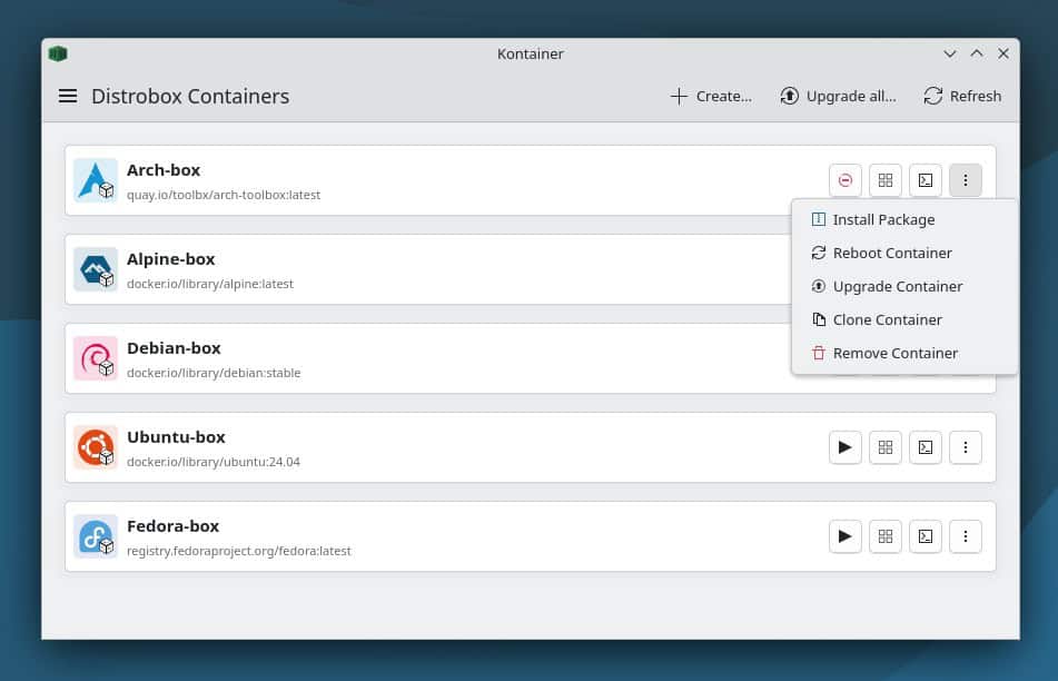 Kontainer is a graphical user interface for Distrobox container management.