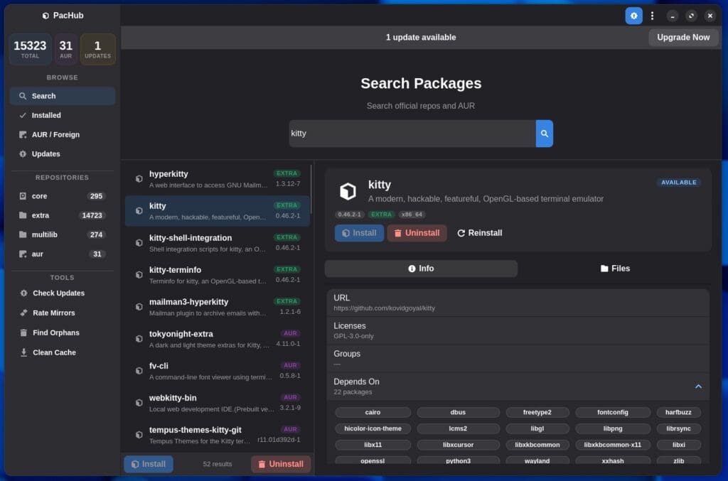 PacHub is a native GTK4 graphical front end for pacman and AUR helpers.
