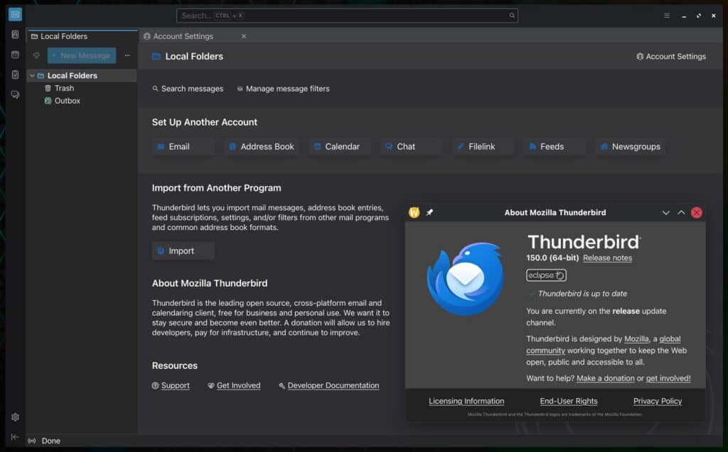 Mozilla Thunderbird 150 open-source desktop email client.