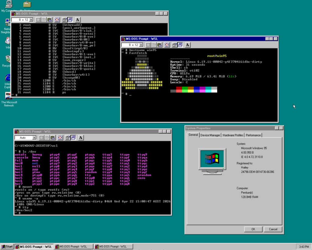 Linux running on Windows 95.