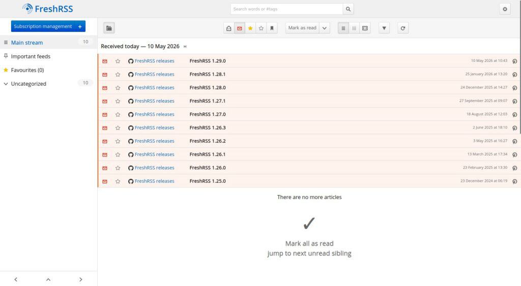 FreshRSS 1.29 self-hosted RSS feed aggregator.