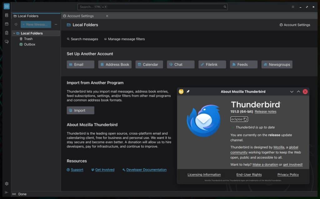Mozilla Thunderbird 151 open-source desktop email client.