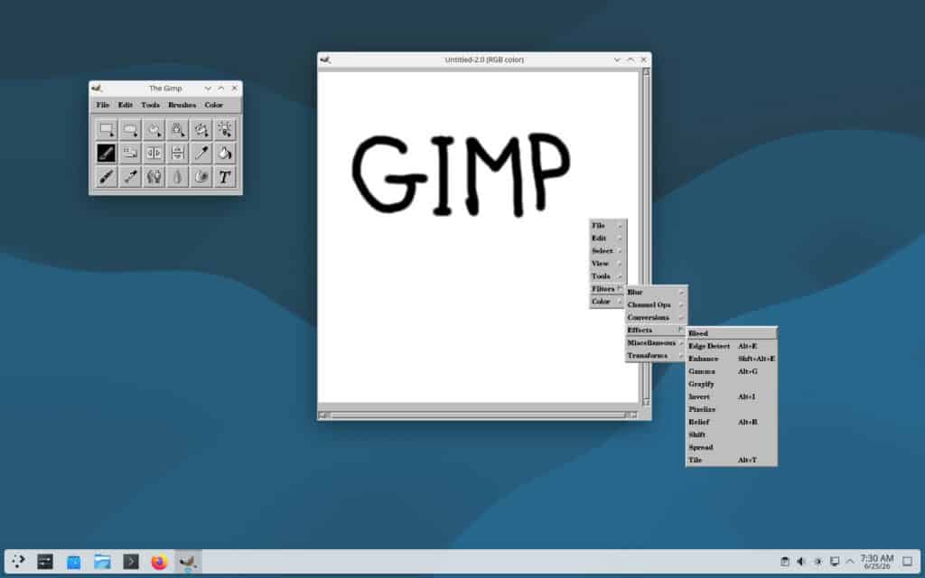 GIMP 0.54.1 from 1996, running on Debian 13 (Trixie).
