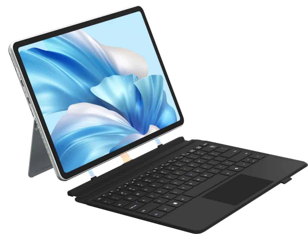 Backlit detachable keyboard with magnetic connection and built-in protective sleeve.