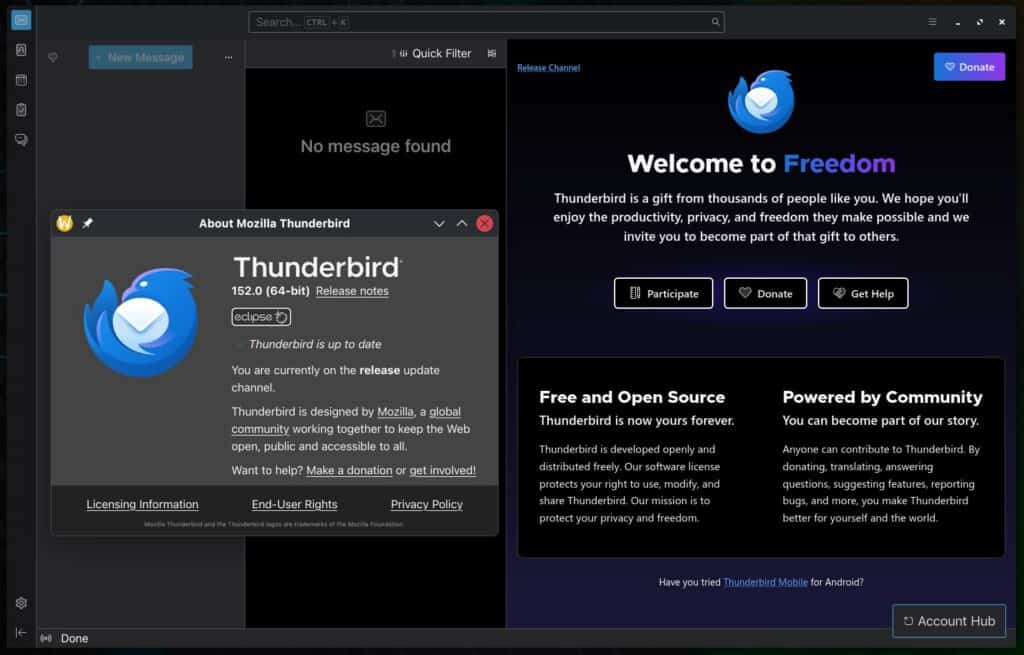 Mozilla Thunderbird 152 open-source desktop email client.