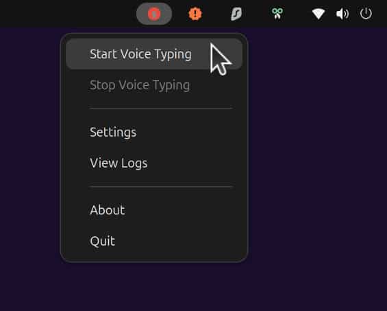 Vocalinux's tray icon shows idle, listening, and processing states.
