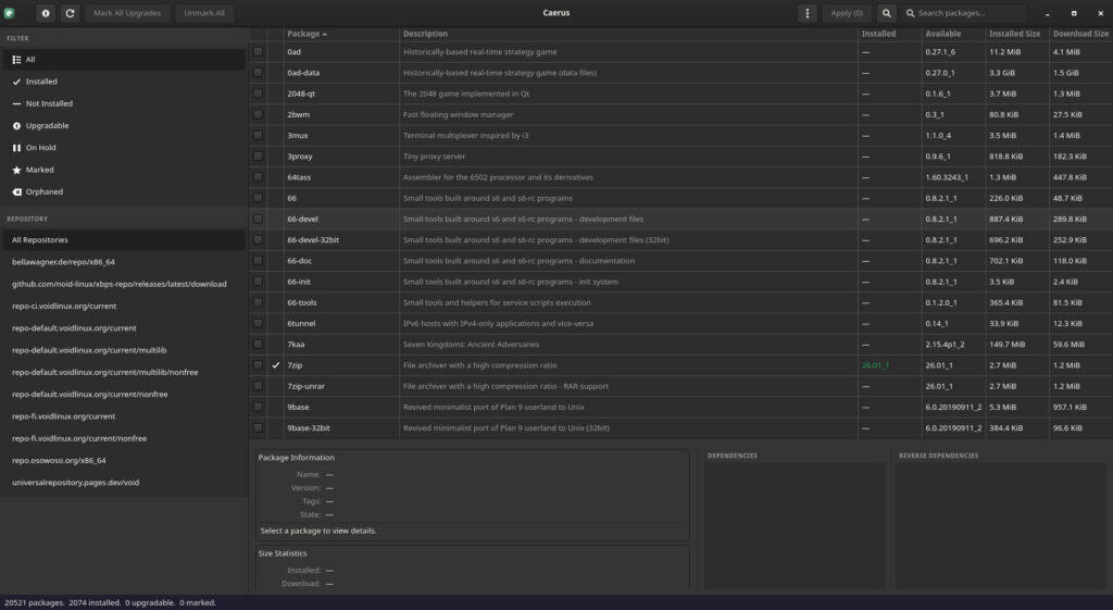 Caerus is a new GTK4 front end for Void Linux's XBPS.