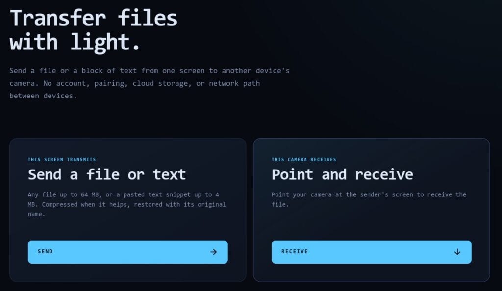 Decimen uses the sending device’s screen and the receiver’s camera to transfer files.