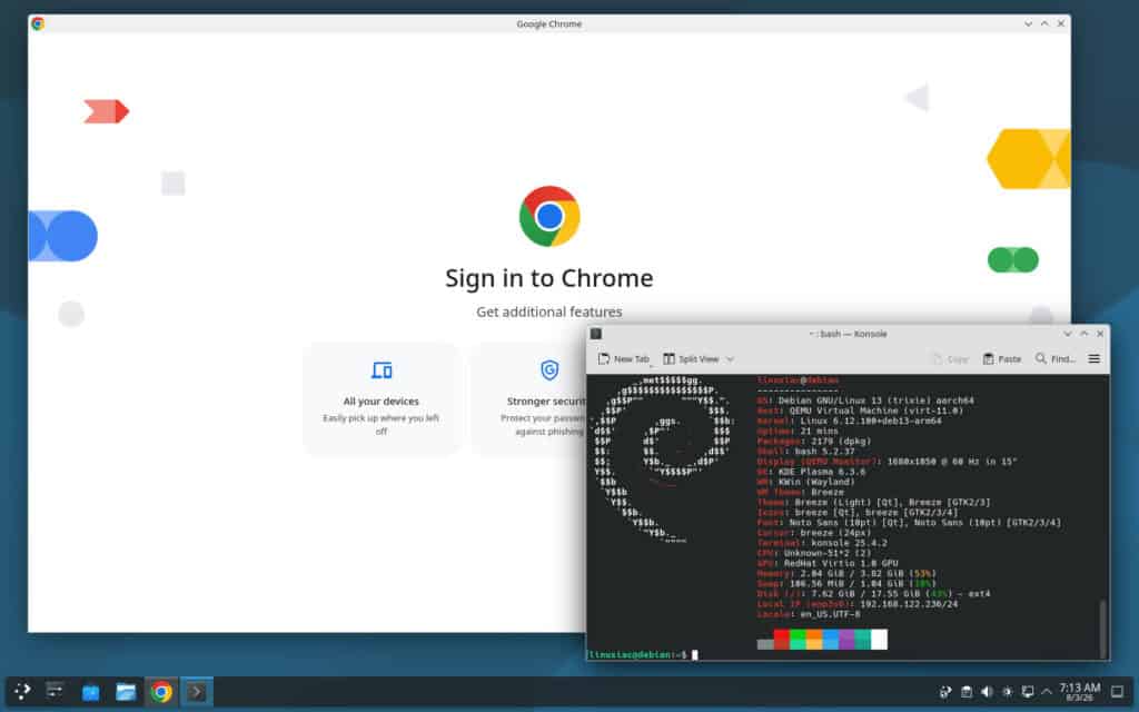Google Chrome running on Debian 13 for 64-bit ARM