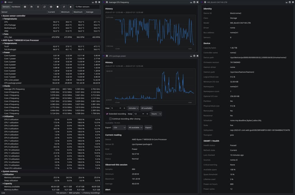 HWall is a Linux hardware monitor with live sensors, system details, graphs, alerts, exports, and an HTTP API.
