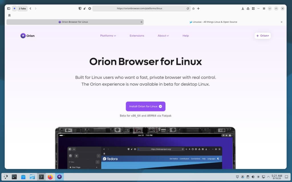 Orion browser running on Linux.