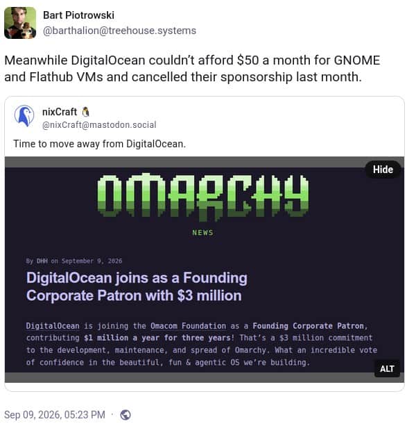 DigitalOcean canceled its sponsorship of GNOME and Flathub.