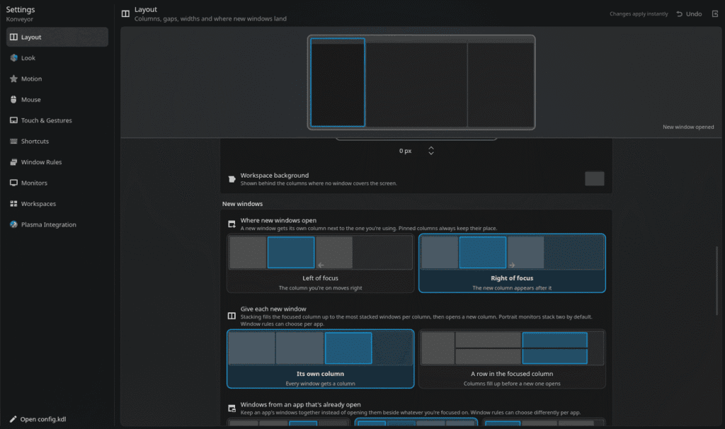 Konveyor layout settings