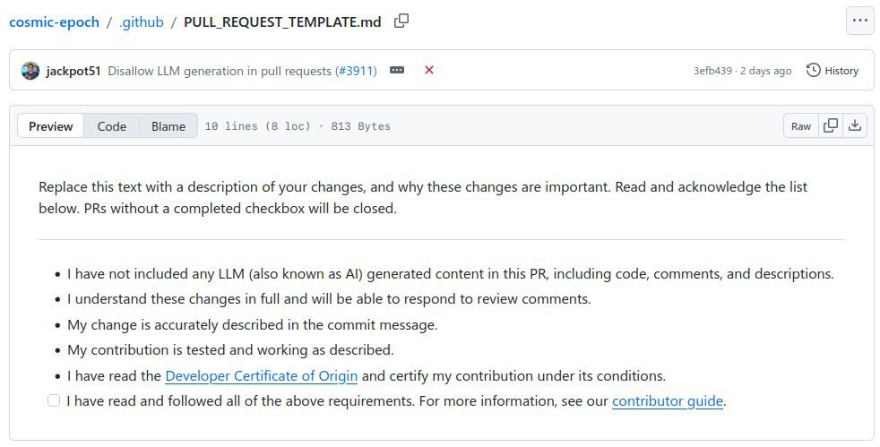 COSMIC PRs can no longer include AI-generated content.