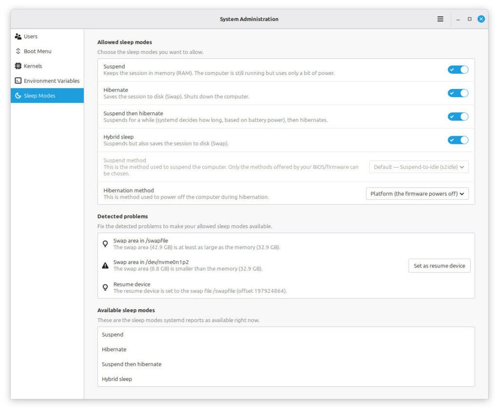 The new System Administration tool has a dedicated section for Sleep Modes.