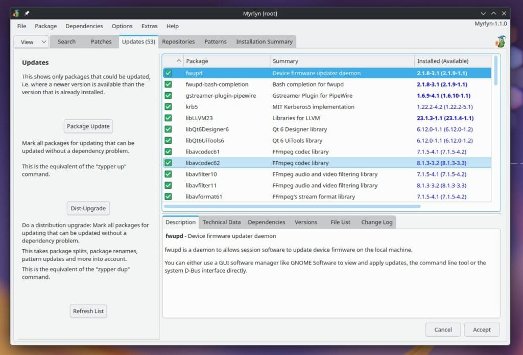Myrlyn package manager 1.1 running on openSUSE Tumbleweed.