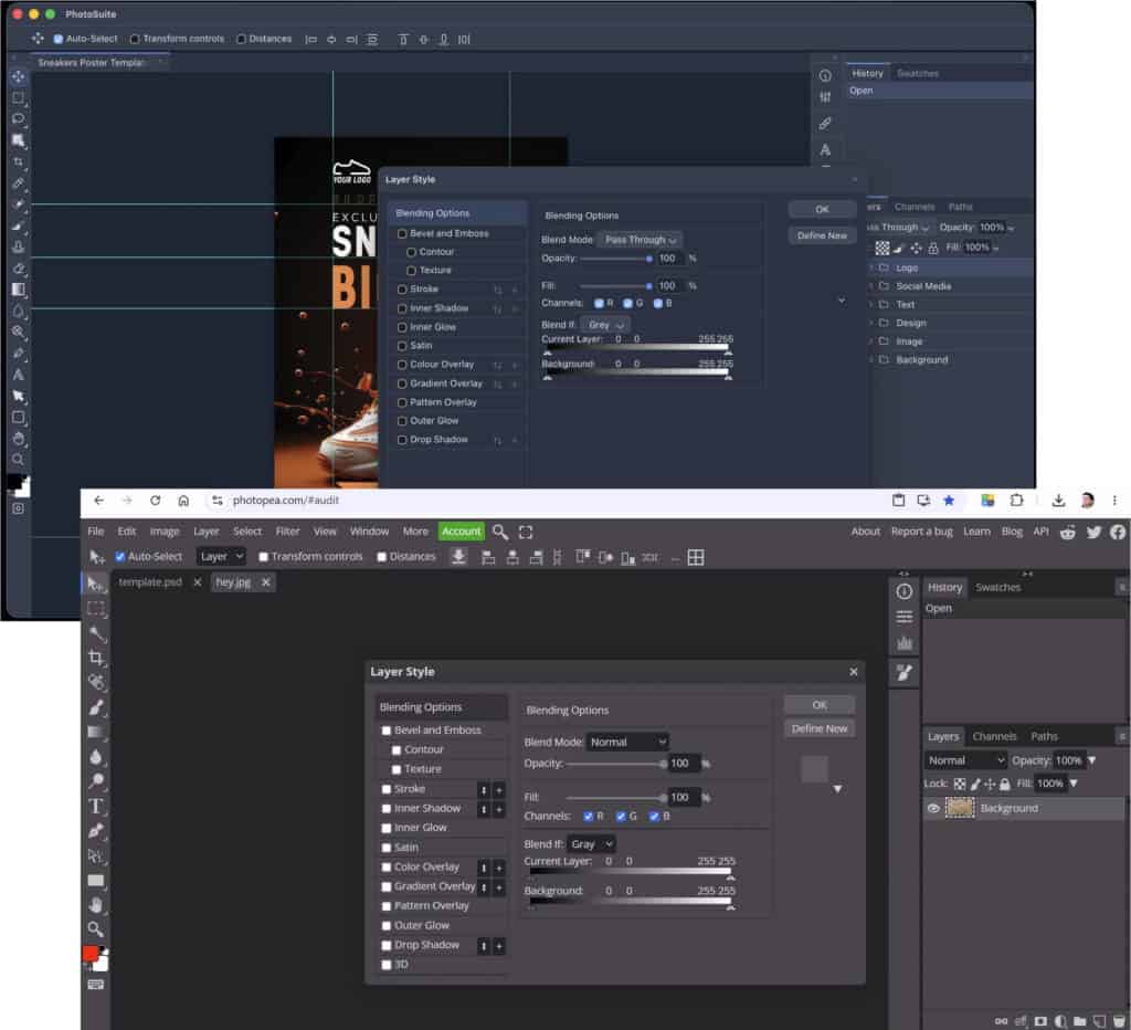 Photopea over the past 10 years and PhotoSuite, shown side by side.