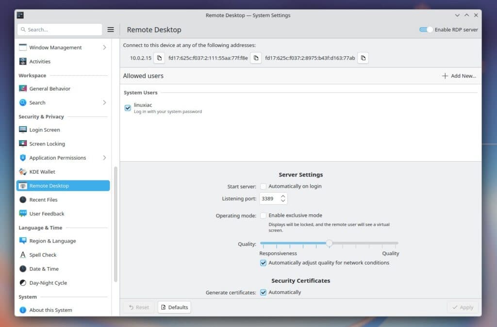 Plasma 6.8 remote desktop settings.