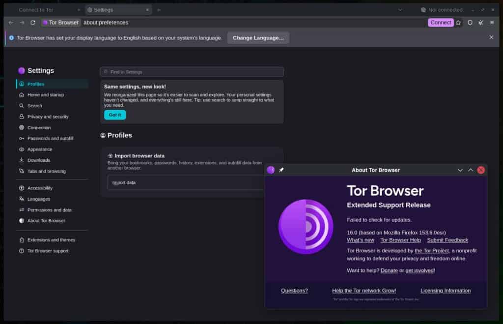 Tor Browser 16.0 updates its settings interface and adopts Firefox ESR 153.