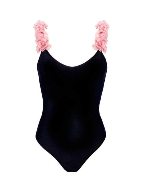 After Party Black Kids Swimsuit With Pink Chiffon Flowers Straps
