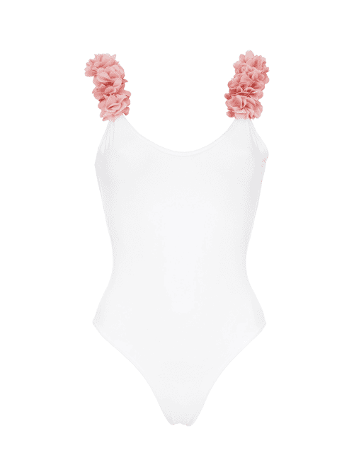 After Party White Kids Swimsuit With Pink Chiffon Flowers Straps
